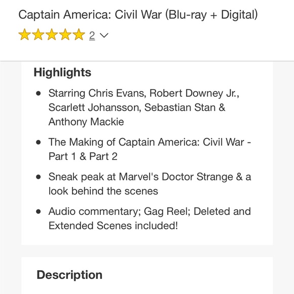 Captain America-Civil War;Blu-ray+Digital;Brand NEW; marvel;bonus extras;$18 - Picture 2 of 5